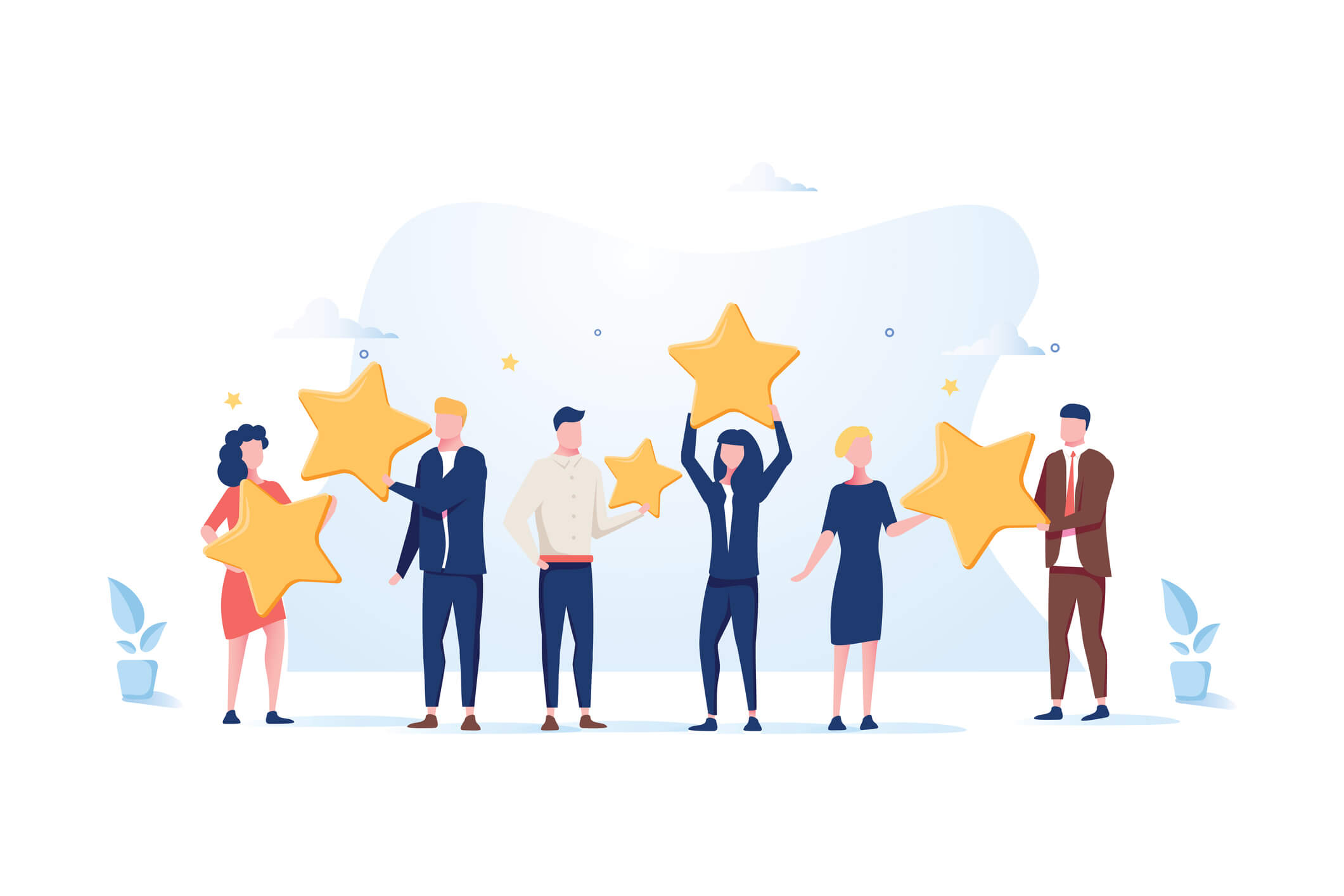 Customer review rating. Different People give review rating and feedback. Flat vector illustration. Customer choice. Know your client concept. Rank rating stars feedback. Business satisfaction support